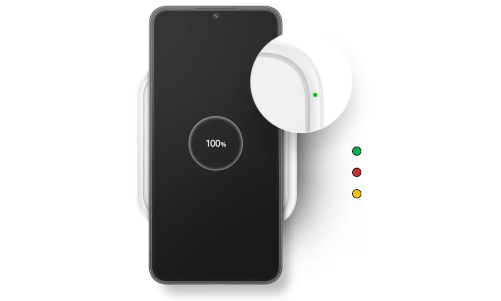 Na obrazie widoczny jest smartfon leżący na białej ładowarce indukcyjnej, z wyświetlaczem pokazującym 100% naładowania. Obok znajduje się powiększenie fragmentu ładowarki z zieloną diodą oraz trzy kolorowe kropki: zielona, czerwona i żółta.