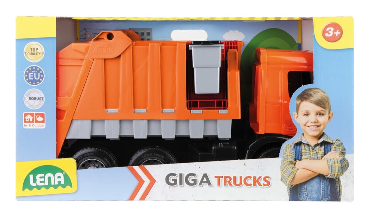 Opakowanie zabawki przedstawia pomarańczową śmieciarkę z napisem \'GIGA TRUCKS\' oraz logo \'LENA\'. Widoczny jest również uśmiechnięty chłopiec i oznaczenie wiekowe \'3+\'.