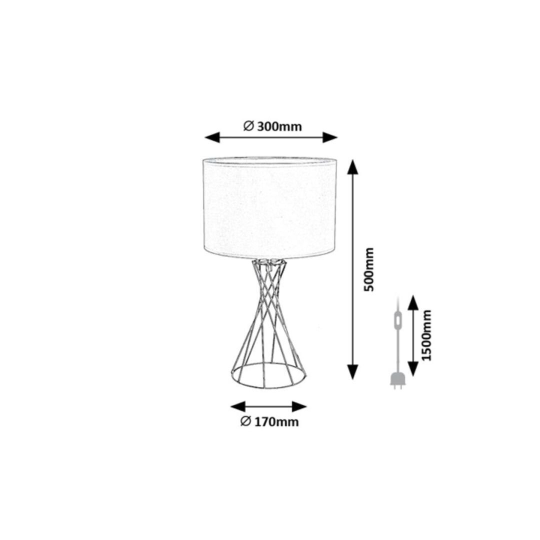 Schemat lampy stołowej z wymiarami: średnica klosza 300mm, wysokość lampy 500mm, średnica podstawy 170mm, długość przewodu 1500mm.