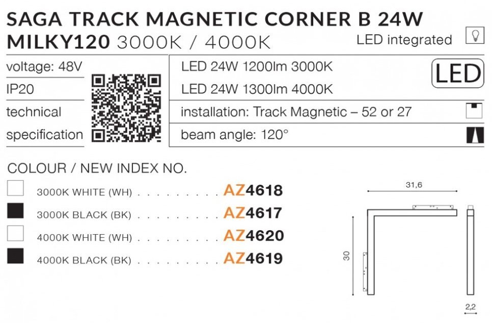 Grafika przedstawia specyfikację techniczną lampy szynowej LED \'SAGA Track Magnetic Corner B 24W\', z informacjami o napięciu, kącie świecenia, temperaturze barwowej oraz indeksach kolorów. Widoczny jest również schemat z wymiarami oraz kod QR.