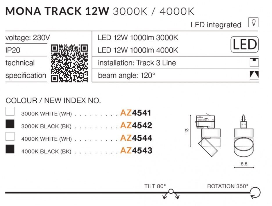 Grafika przedstawia specyfikację reflektora szynowego LED 12W Azzardo MONA TRACK 3LINE AZ4544 z informacjami o napięciu, kącie wiązki, kolorach i indeksach. Widoczne są również schematy techniczne oraz kody QR.