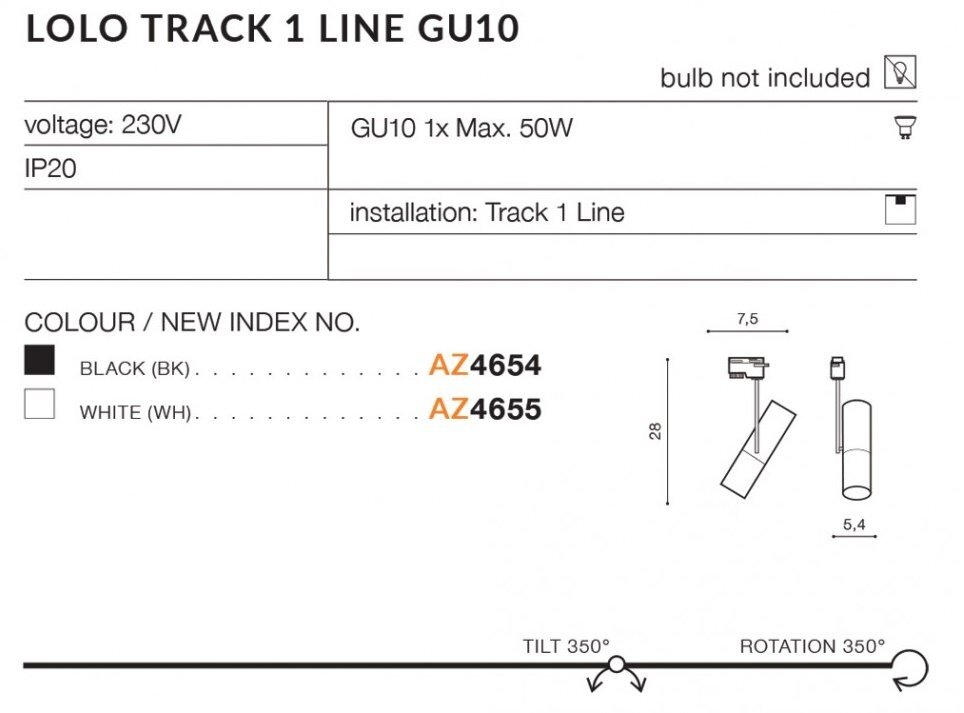 Obraz przedstawia specyfikację reflektora szynowego LOLO TRACK 1 LINE GU10. Zawiera informacje o napięciu 230V, maksymalnej mocy 50W, klasie IP20 oraz dostępnych kolorach: czarnym (AZ4654) i białym (AZ4655).