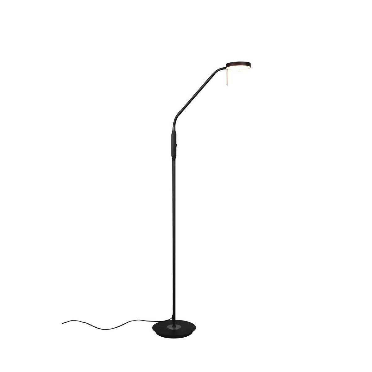 Czarna lampa podłogowa LED z okrągłym kloszem i smukłym, zakrzywionym ramieniem. Posiada okrągłą podstawę i przewód zasilający.