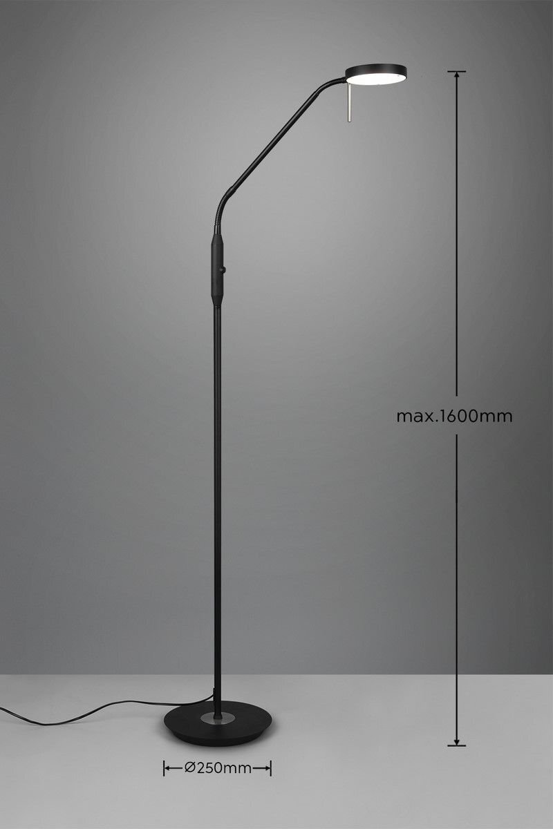 Lampa podłogowa LED z czarnym, smukłym stelażem i okrągłą podstawą, z oznaczeniami wymiarów: średnica podstawy 250mm i maksymalna wysokość 1600mm.