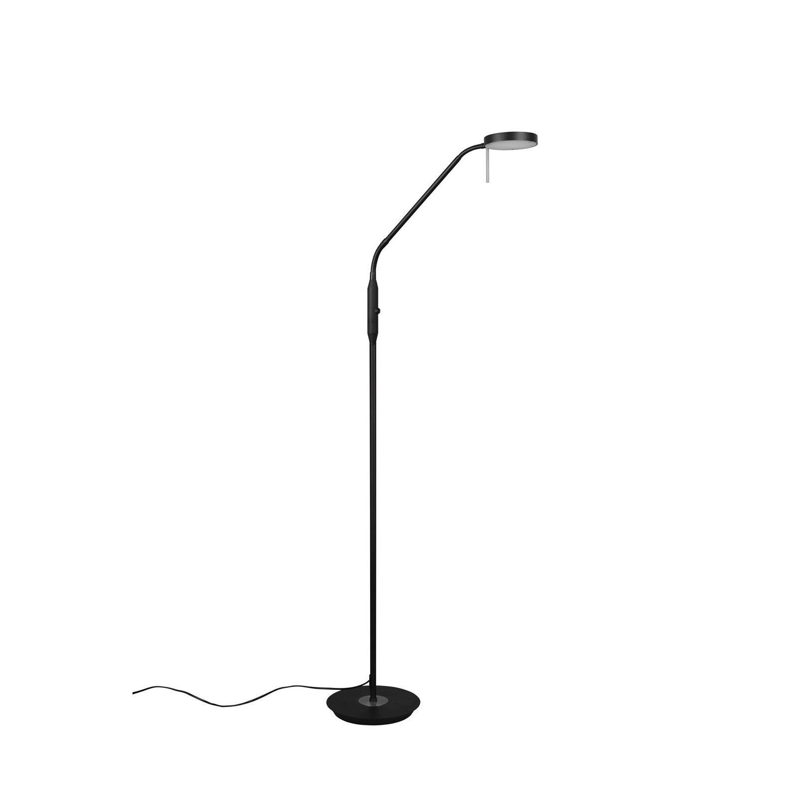 Czarna lampa podłogowa LED z okrągłym kloszem i smukłym, zakrzywionym ramieniem. Posiada okrągłą podstawę i przewód zasilający.
