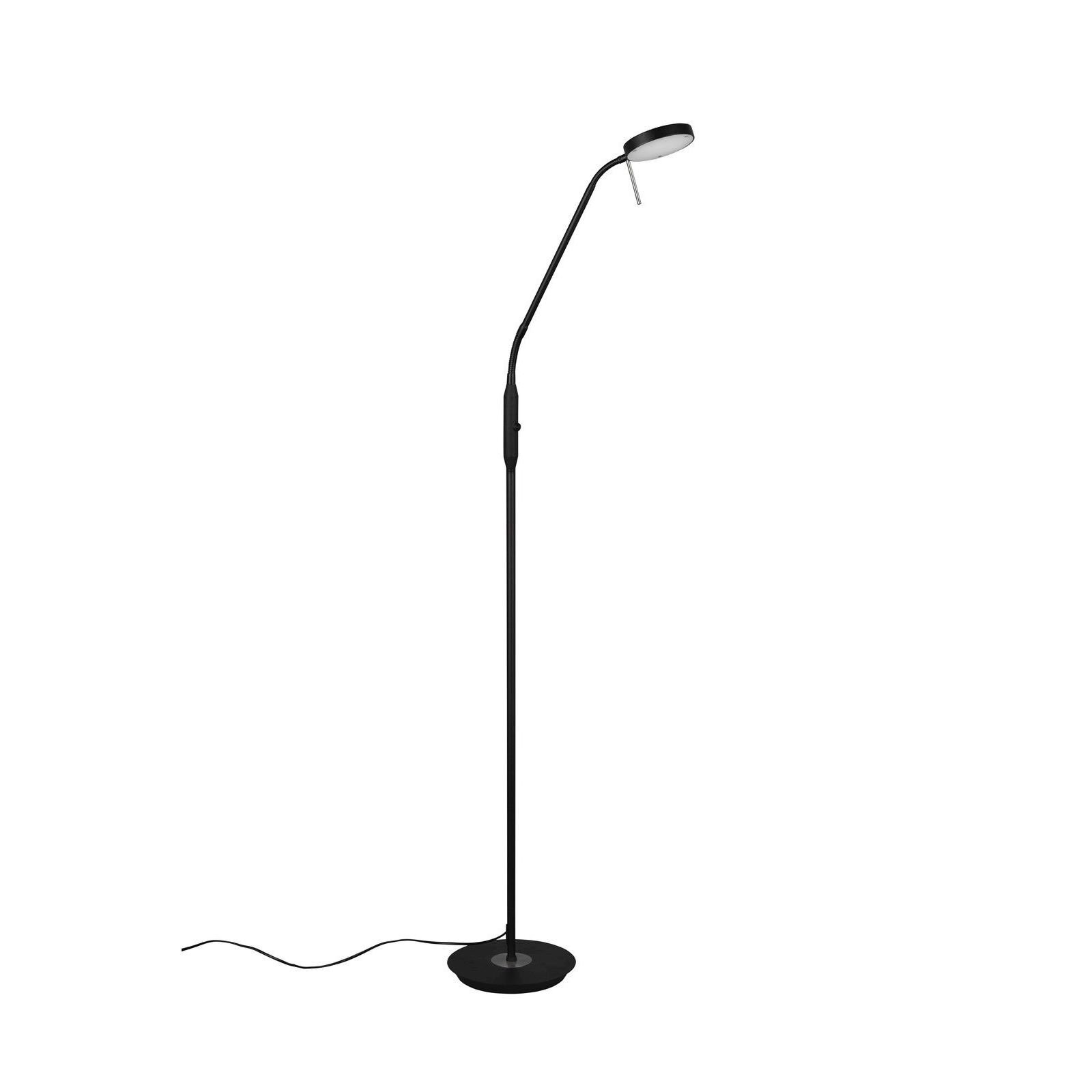 Czarna lampa podłogowa LED z okrągłą podstawą i smukłym, regulowanym ramieniem zakończonym okrągłym kloszem. Kabel zasilający widoczny przy podstawie.