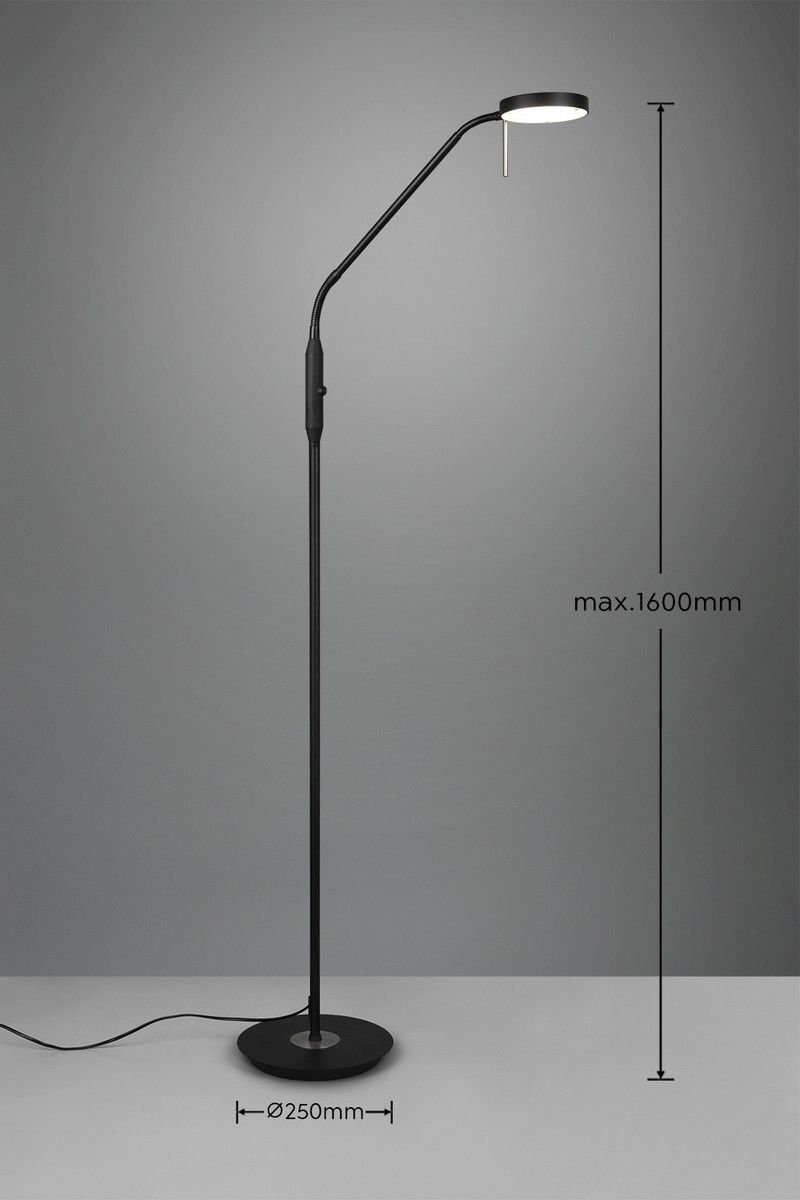 Czarna lampa podłogowa LED z okrągłą podstawą i regulowanym ramieniem, z oznaczeniami \'Ø250mm\' i \'max.1600mm\' na szarym tle.