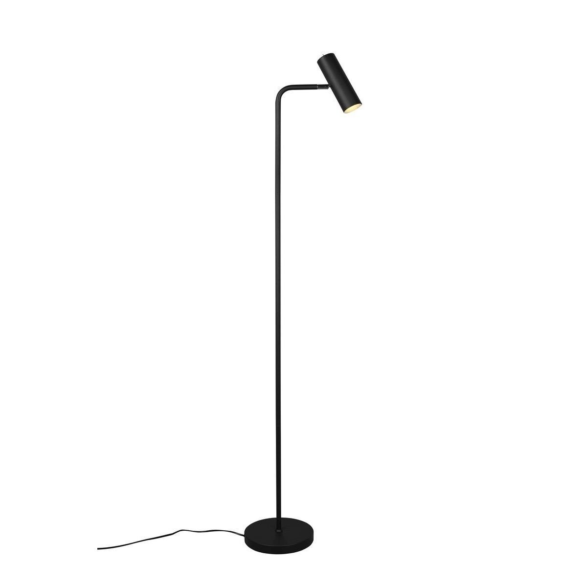 Czarna lampa podłogowa o nowoczesnym designie z prostym, smukłym trzonem i cylindrycznym kloszem skierowanym w dół. Lampa stoi na okrągłej podstawie, a z tyłu widoczny jest przewód zasilający.
