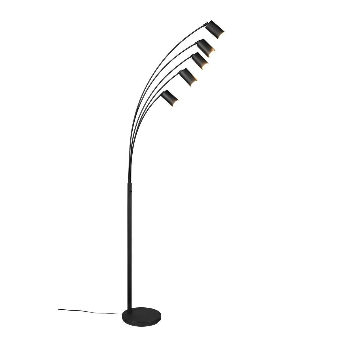 Czarna lampa podłogowa z pięcioma regulowanymi kloszami na łukowatych ramionach, umieszczona na okrągłej podstawie.