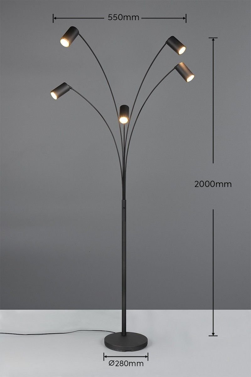 Czarna lampa podłogowa z czterema regulowanymi kloszami, umieszczona na szarym tle z widocznymi wymiarami: 550mm szerokości, 2000mm wysokości i 280mm średnicy podstawy.