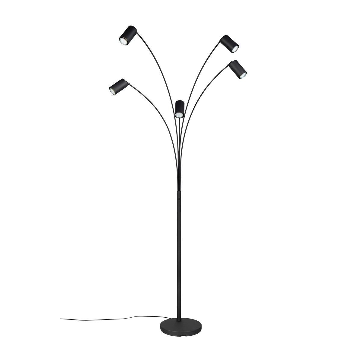 Czarna lampa podłogowa z pięcioma regulowanymi ramionami zakończonymi cylindrycznymi kloszami. Lampa stoi na okrągłej podstawie i posiada przewód zasilający.