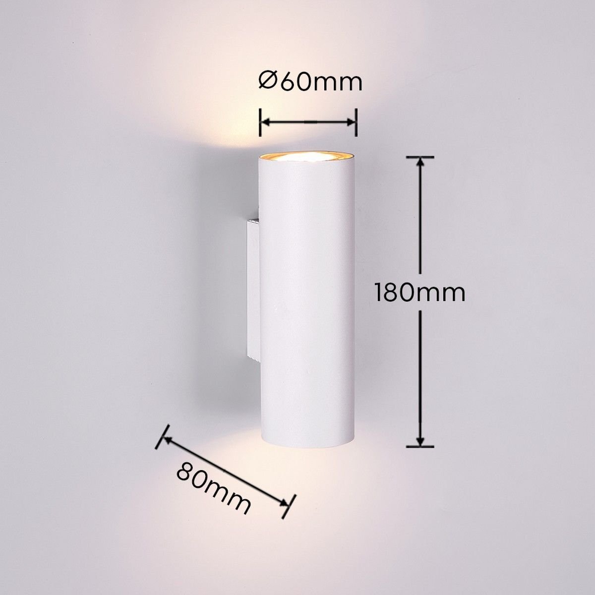 Lampa ścienna Trio VANTOS DL201212400 o nowoczesnym designie, z wymiarami: średnica 60mm, wysokość 180mm, głębokość 80mm, emitująca światło w górę i w dół.