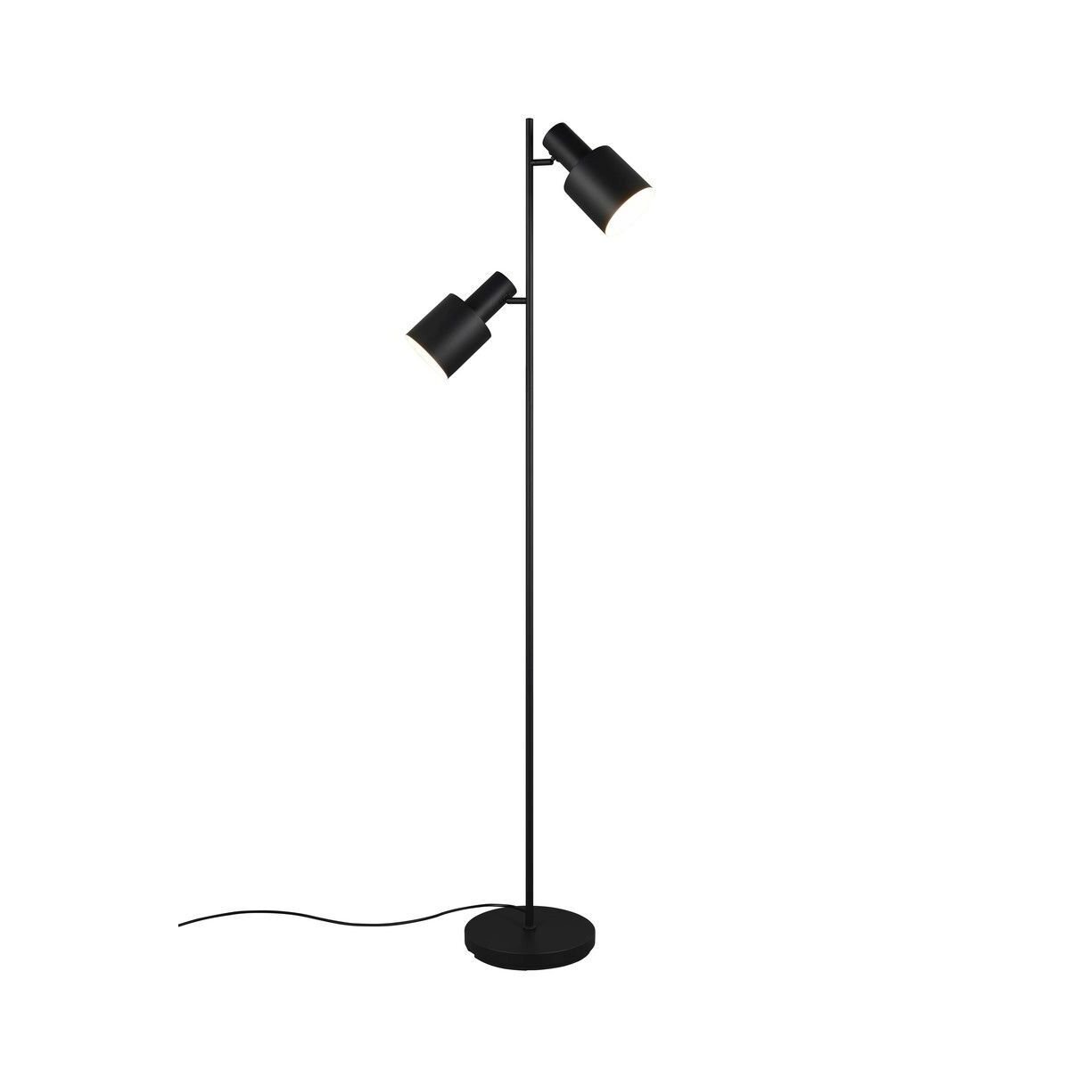 Czarna lampa podłogowa z dwoma regulowanymi kloszami na smukłym stojaku i okrągłą podstawą. Kabel zasilający widoczny u podstawy lampy.