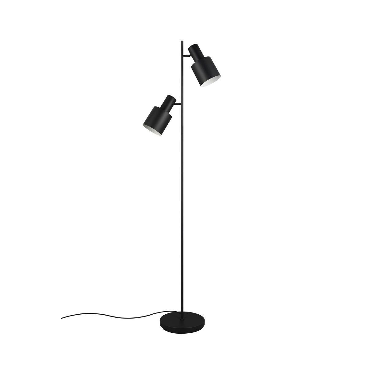 Czarna lampa podłogowa z dwoma regulowanymi kloszami na smukłym stojaku i okrągłą podstawą. Kabel zasilający widoczny u podstawy lampy.