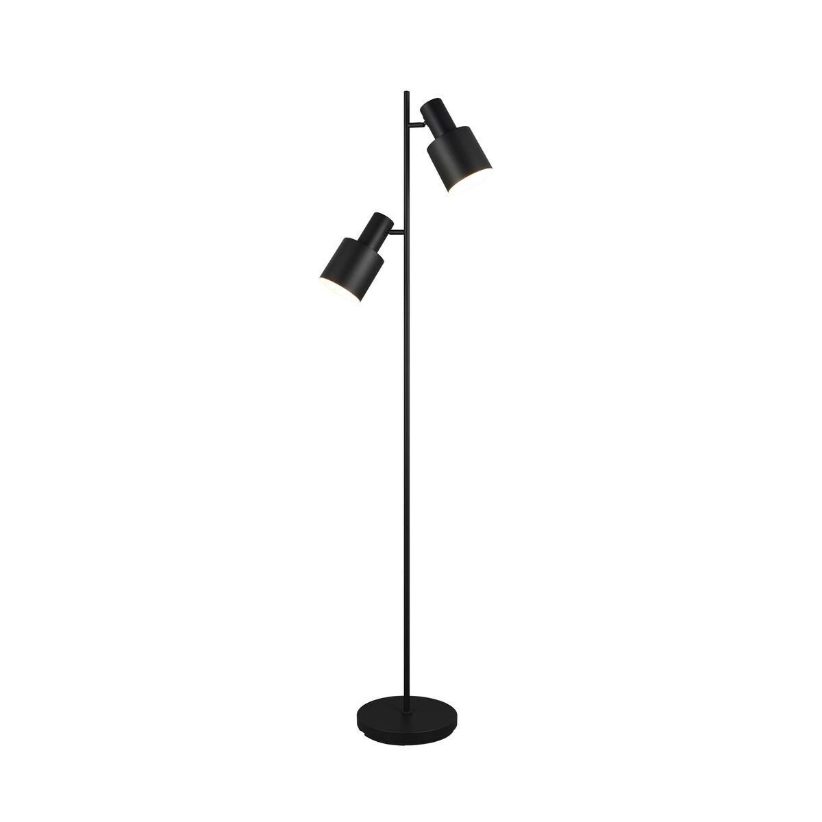 Czarna lampa podłogowa z dwoma regulowanymi kloszami na smukłym stojaku i okrągłą podstawą.