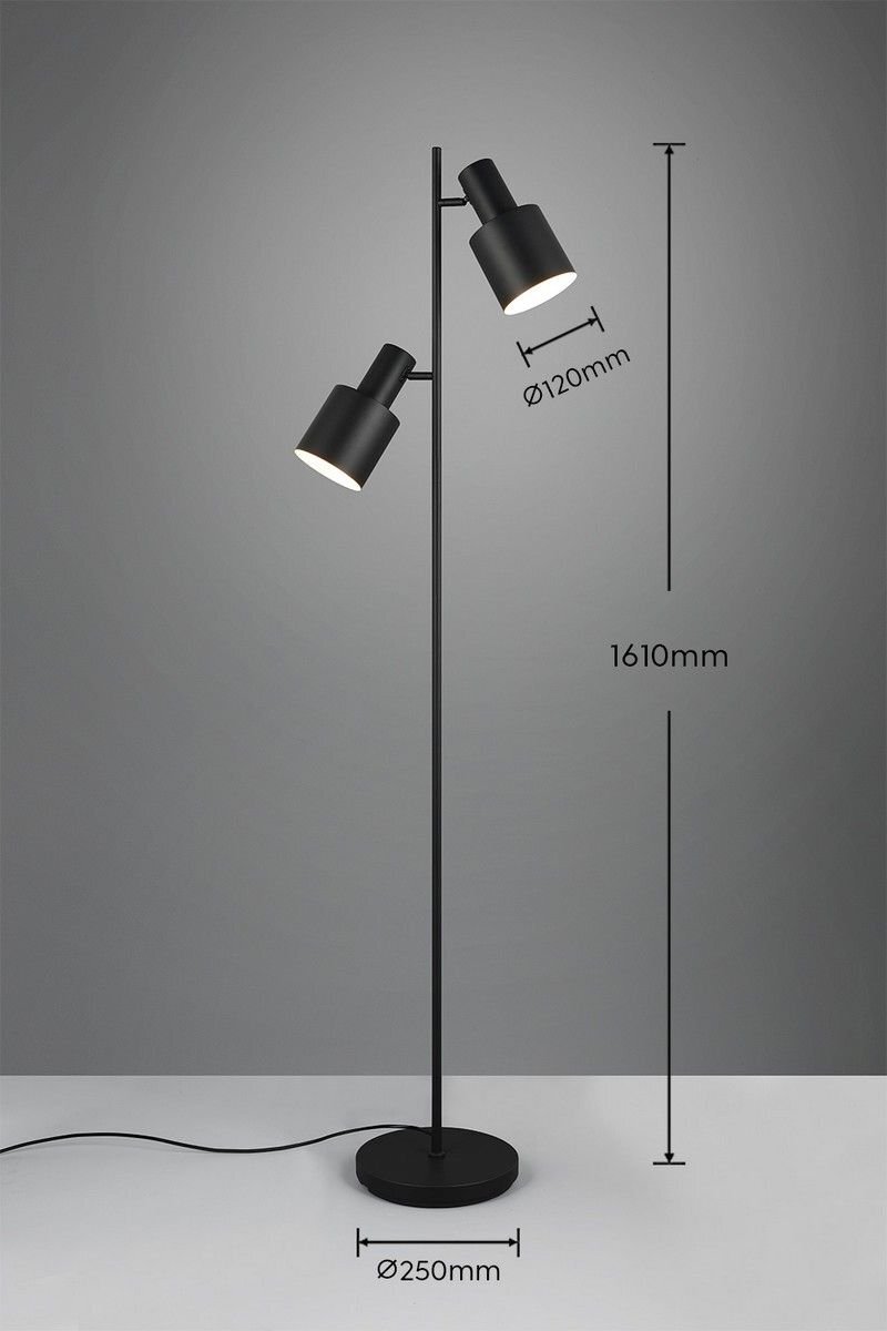 Czarna lampa podłogowa z dwoma regulowanymi kloszami, z oznaczeniami wymiarów: wysokość 1610 mm, średnica klosza 120 mm, średnica podstawy 250 mm.
