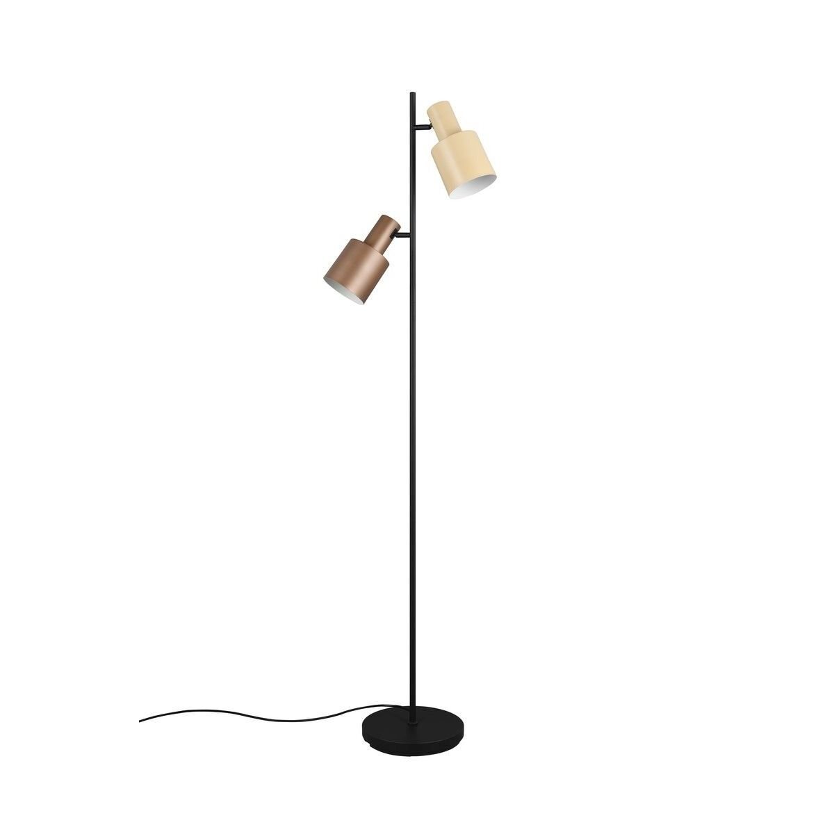 Lampa podłogowa z dwoma kloszami w różnych odcieniach, zamontowana na czarnym, prostym stojaku z okrągłą podstawą i przewodem zasilającym.