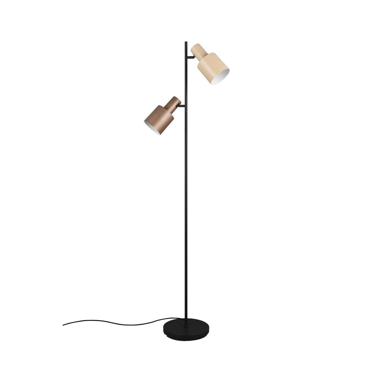 Lampa podłogowa z dwoma kloszami w różnych odcieniach, zamontowana na czarnym, prostym stojaku z okrągłą podstawą i przewodem zasilającym.