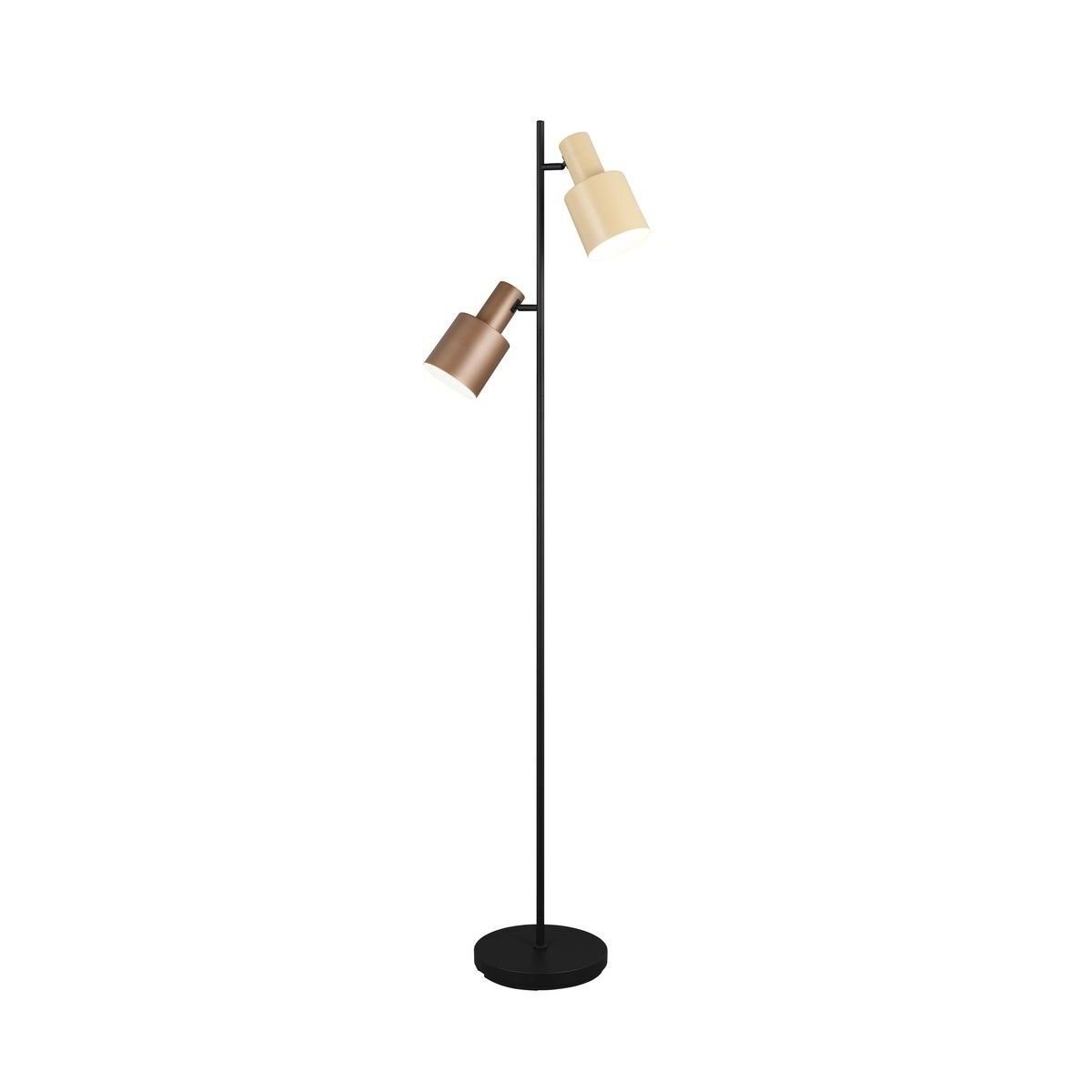 Lampa podłogowa z dwoma kloszami w różnych kolorach, zamontowana na czarnym, smukłym stojaku z okrągłą podstawą.