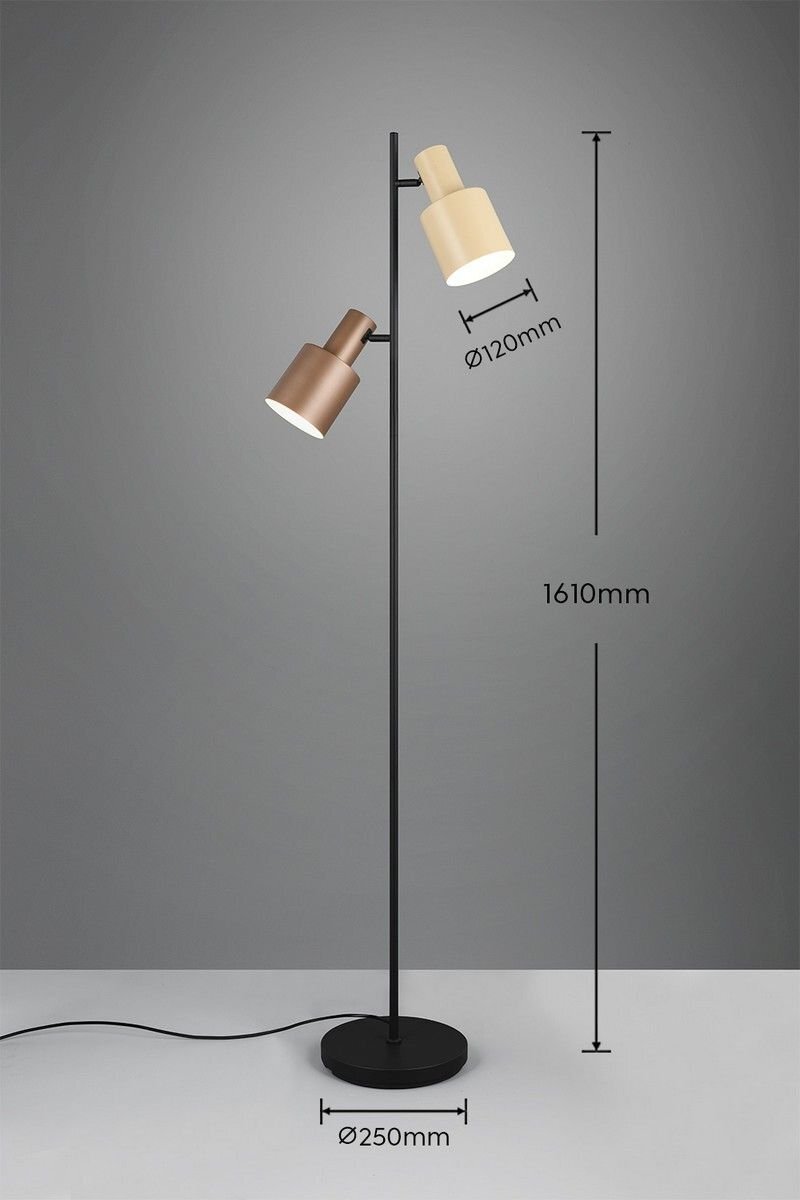 Lampa podłogowa z dwoma kloszami w kolorze beżowym i brązowym, umieszczona na czarnym stojaku z okrągłą podstawą; wymiary: wysokość 1610mm, średnica klosza 120mm, średnica podstawy 250mm.
