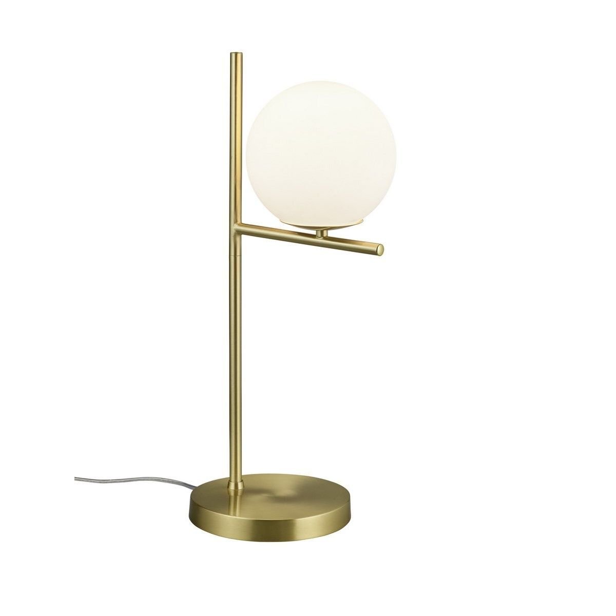 Lampa stołowa z okrągłym, białym kloszem umieszczonym na złotej, metalowej podstawie z pionowym i poziomym prętem. Kabel zasilający widoczny jest przy podstawie lampy.