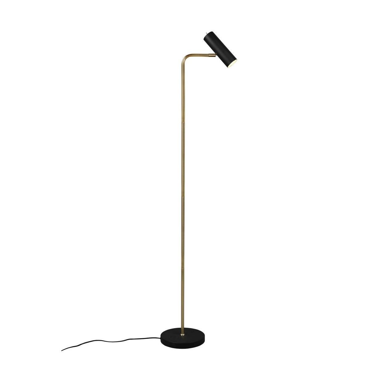 Lampa podłogowa z czarnym kloszem i złotym stelażem, osadzona na okrągłej podstawie. Kabel zasilający widoczny przy podstawie.