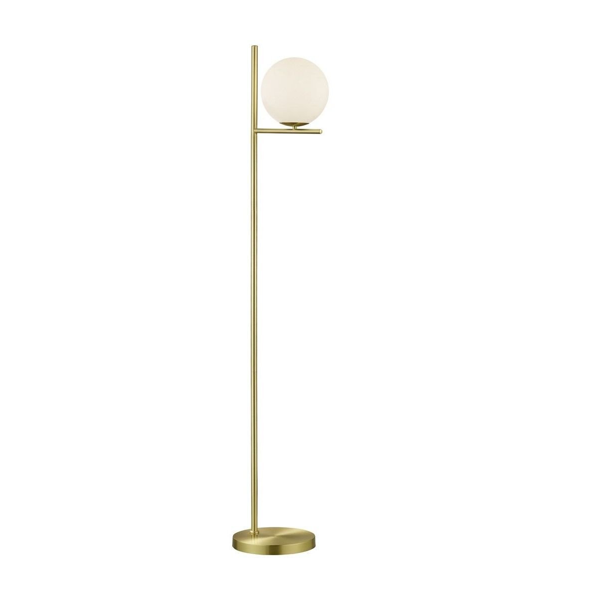 Lampa podłogowa o złotym wykończeniu z okrągłym, białym kloszem umieszczonym na poziomej belce. Podstawa lampy jest okrągła i stabilna.