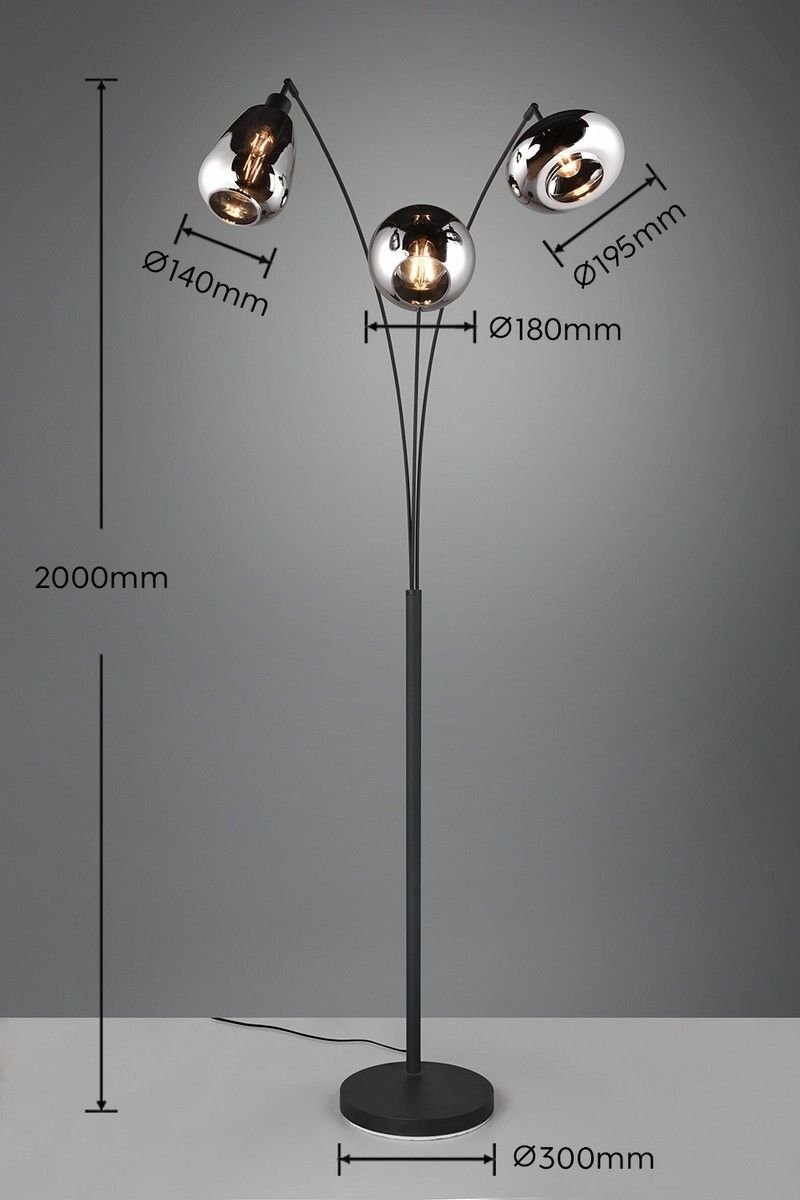 Lampa podłogowa z trzema kloszami o różnych średnicach: 140mm, 180mm i 195mm, na czarnym stojaku o wysokości 2000mm i podstawie o średnicy 300mm. Na zdjęciu widoczne są wymiary poszczególnych elementów lampy.
