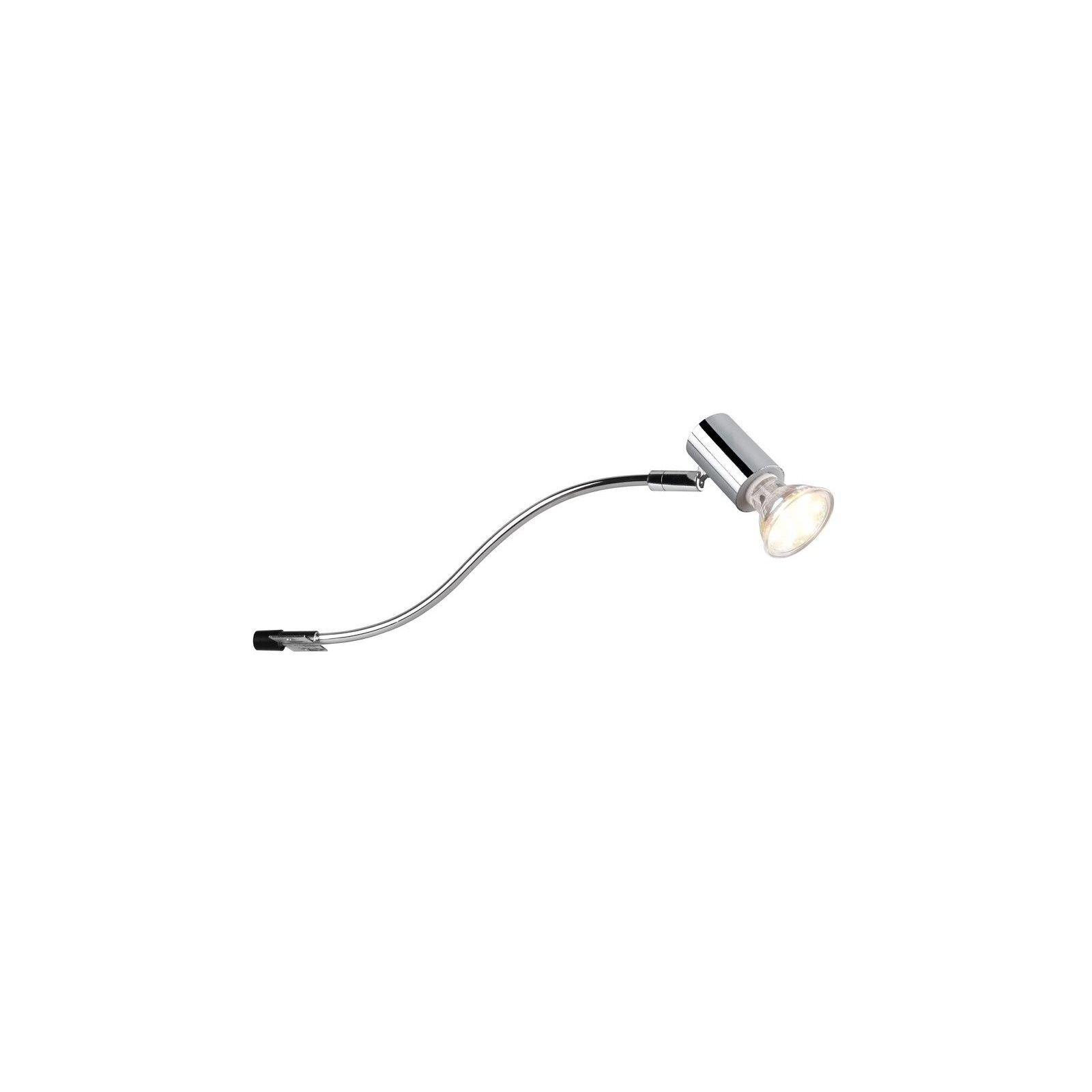 Lampa o nowoczesnym designie z metalowym, zakrzywionym ramieniem i pojedynczym źródłem światła LED. Korpus lampy jest w kolorze chromu.