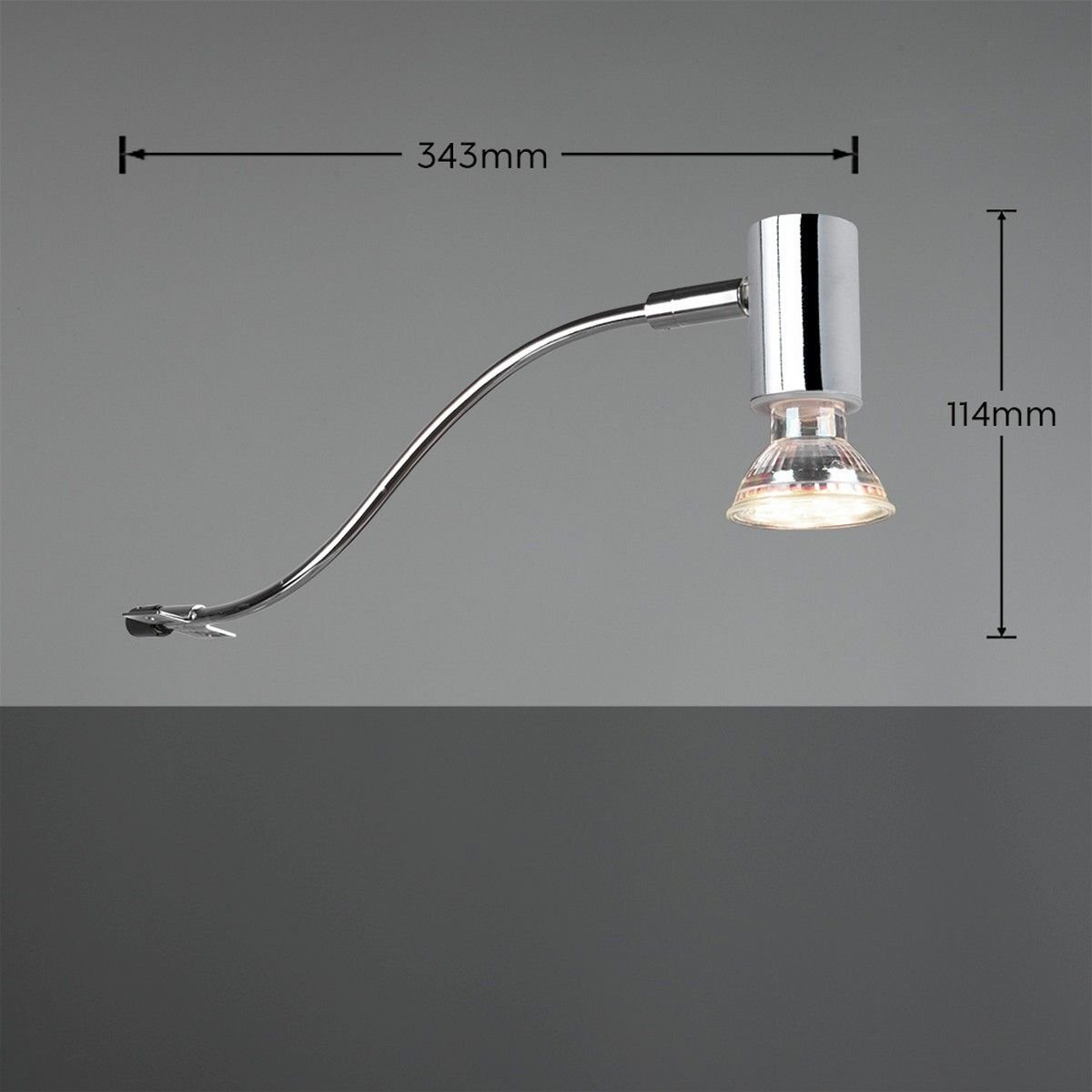 Na zdjęciu znajduje się nowoczesna lampa nad lustro z chromowanym wykończeniem, z wymiarami 343 mm długości i 114 mm wysokości, na szarym tle.