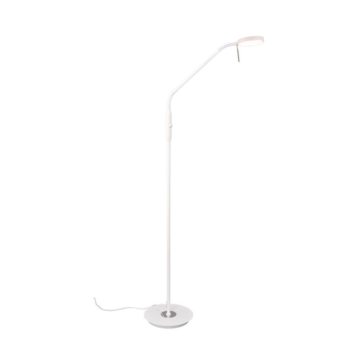 Lampa podłogowa LED o smukłej, białej konstrukcji z okrągłą podstawą i regulowanym ramieniem, na białym tle.