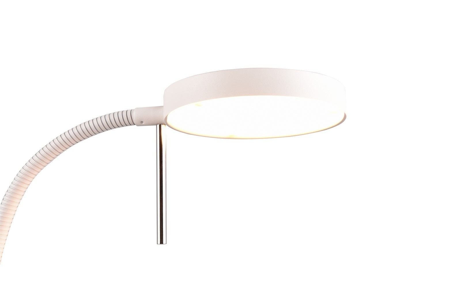 Lampa podłogowa LED z okrągłym, białym kloszem i elastycznym ramieniem na białym tle.