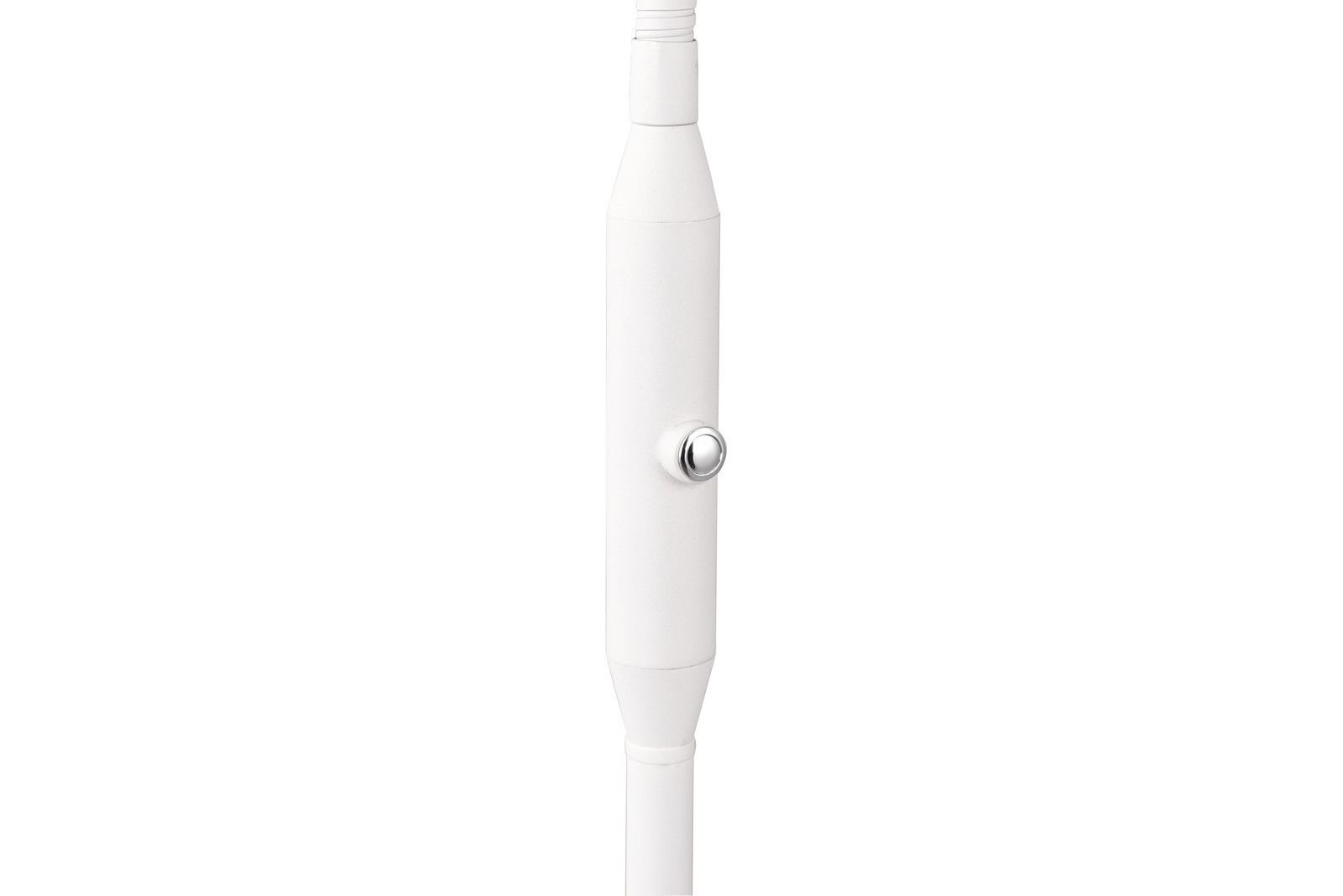 Biała lampa podłogowa LED z widocznym srebrnym przyciskiem na cylindrycznej części. Produkt jest przedstawiony na jednolitym białym tle.
