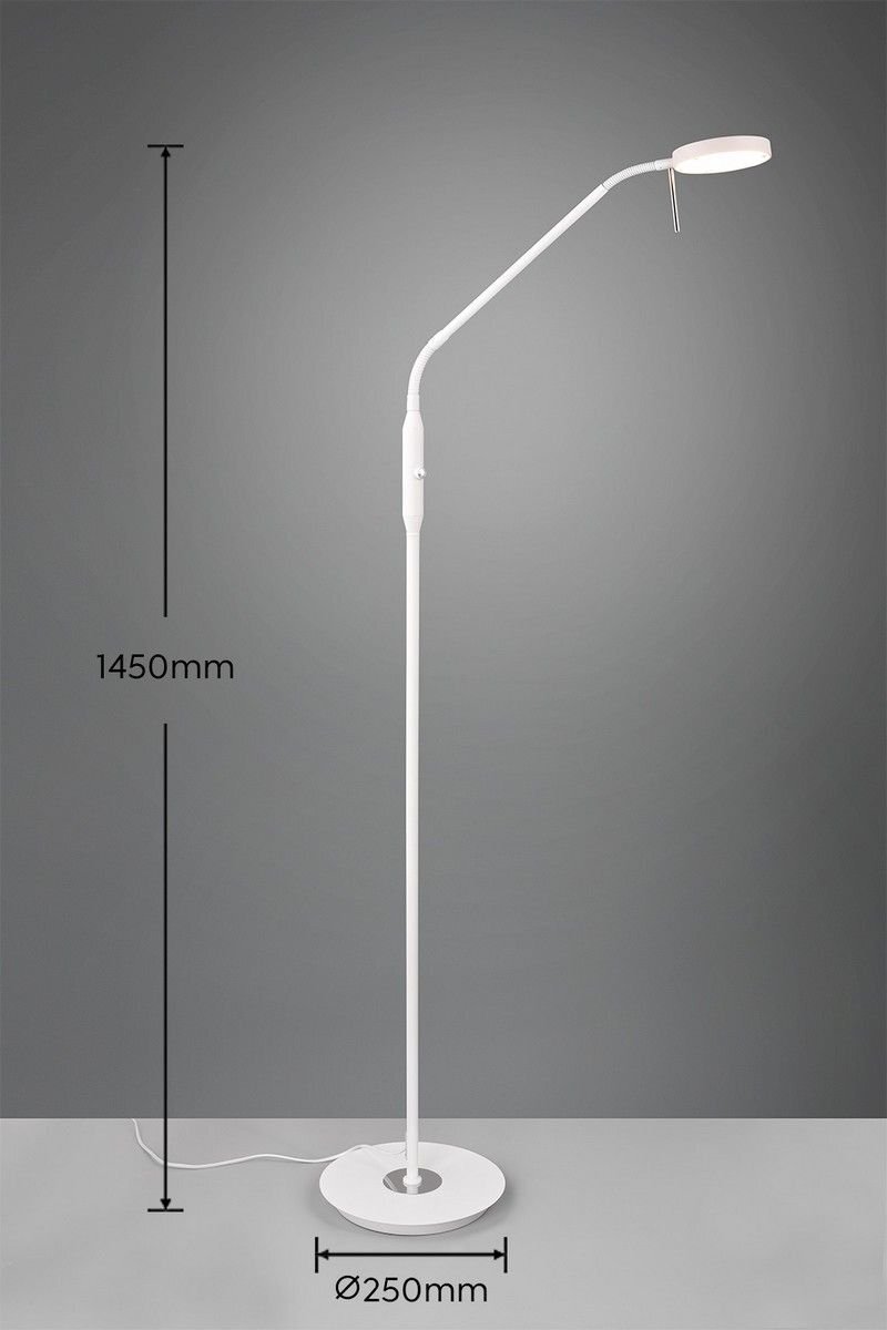 Lampa podłogowa LED o wysokości 1450 mm i średnicy podstawy 250 mm na szarym tle.