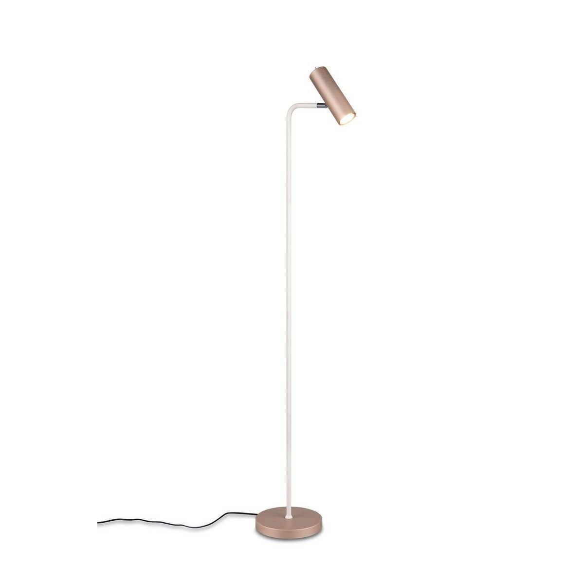 Lampa podłogowa z prostym, białym trzonkiem i cylindrycznym kloszem w kolorze miedzianym, umieszczona na okrągłej podstawie z czarnym przewodem zasilającym.