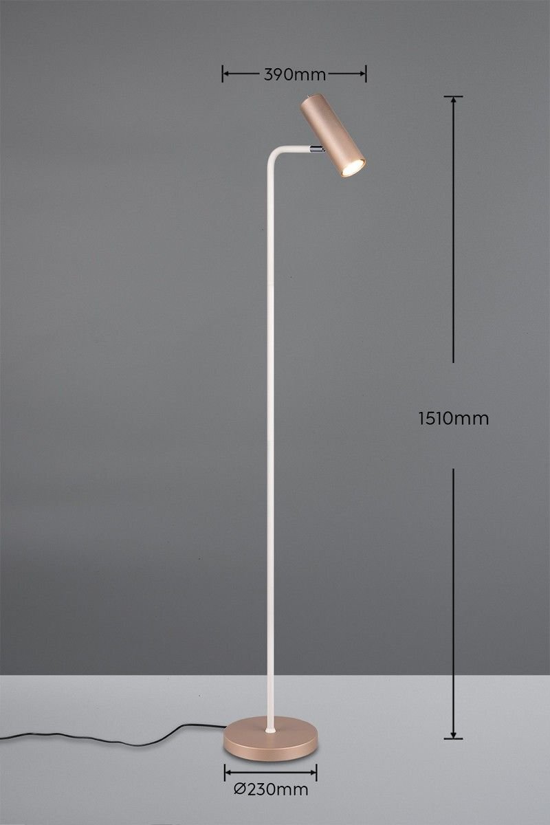 Lampa podłogowa Trio VANTOS DL165412400 z miedzianym kloszem i podstawą, białym trzonkiem, z wymiarami: wysokość 1510mm, szerokość klosza 390mm, średnica podstawy 230mm.