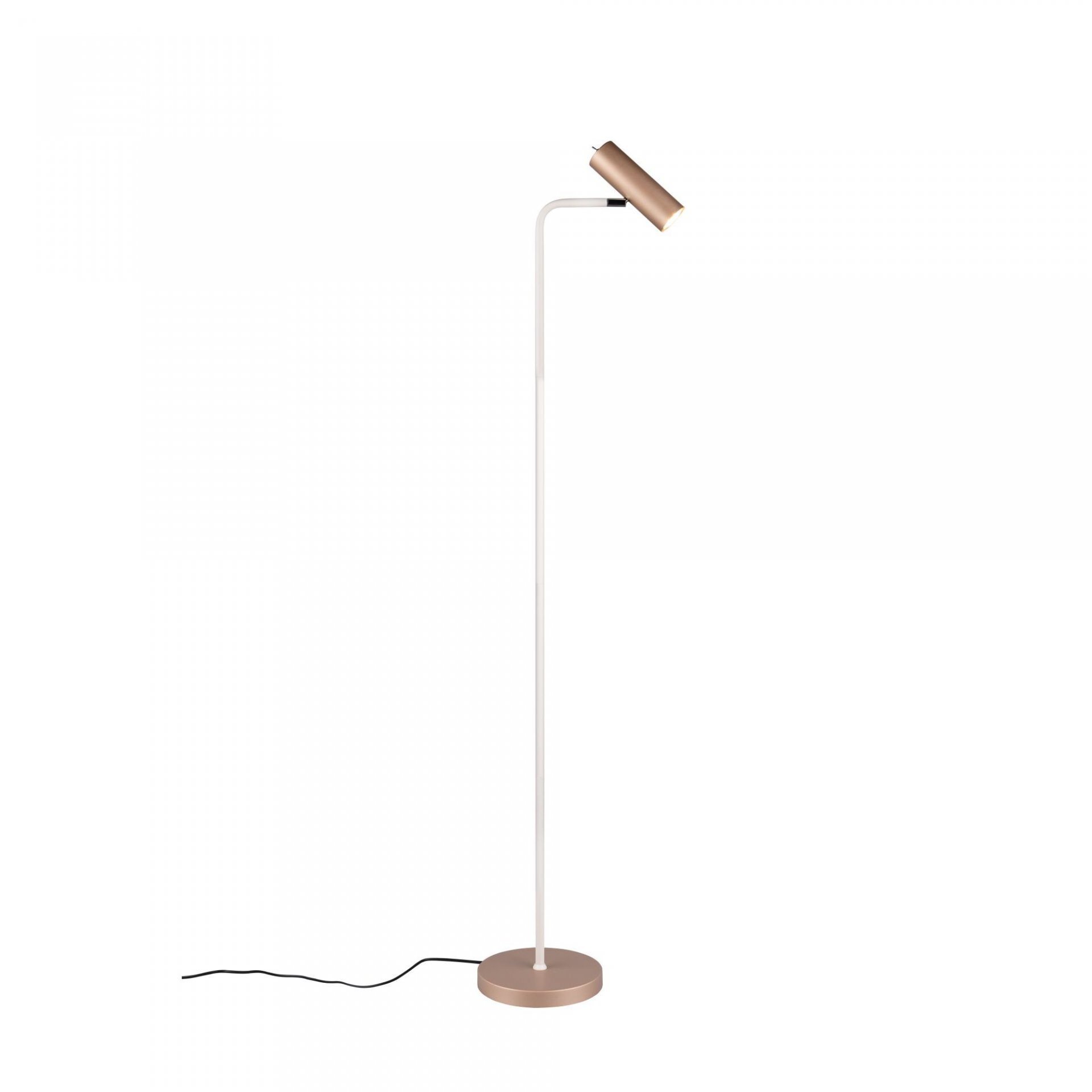 Lampa podłogowa z prostym, białym trzonkiem i brązowym kloszem oraz podstawą, z widocznym czarnym przewodem zasilającym.