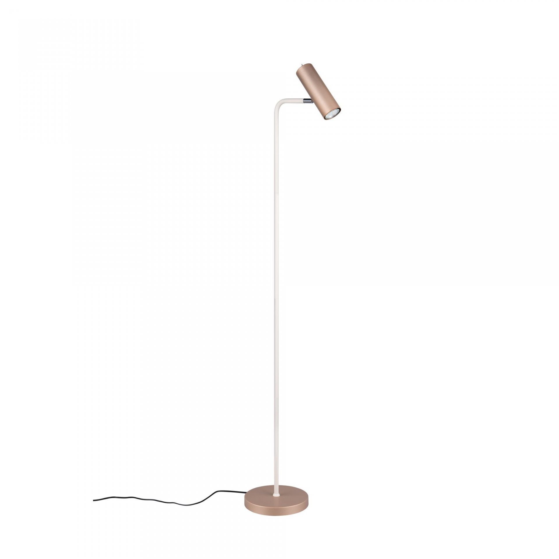 Lampa podłogowa o nowoczesnym designie z prostym, białym stelażem i cylindrycznym kloszem w kolorze miedzianym. Podstawa lampy jest okrągła, a przewód zasilający jest czarny.