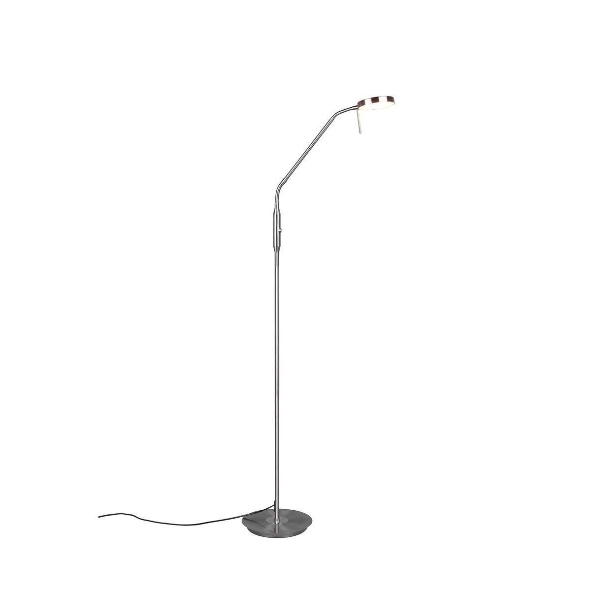 Lampa podłogowa LED o smukłej, metalowej konstrukcji z okrągłą podstawą i regulowanym ramieniem. Na końcu ramienia znajduje się źródło światła z prostokątnym kloszem.