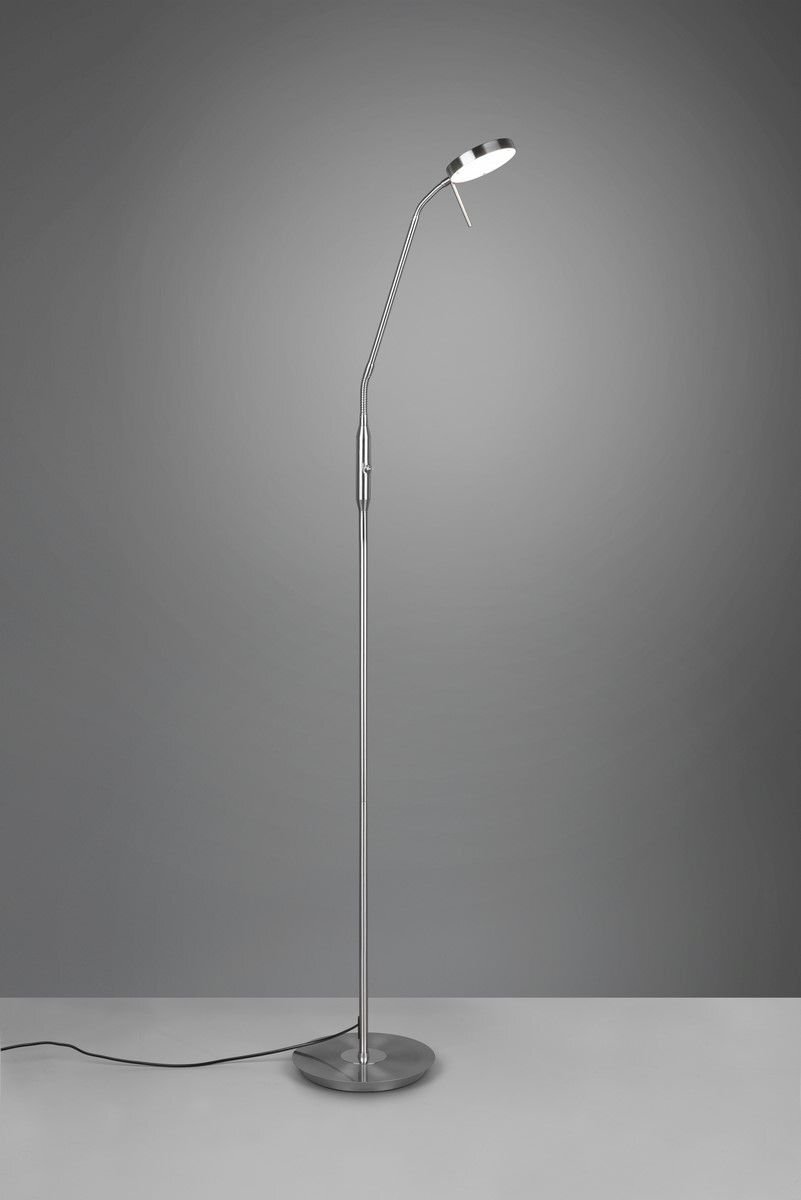Lampa podłogowa LED o nowoczesnym designie, wykonana z metalu, z okrągłą podstawą i regulowanym ramieniem, ustawiona na jasnym tle.