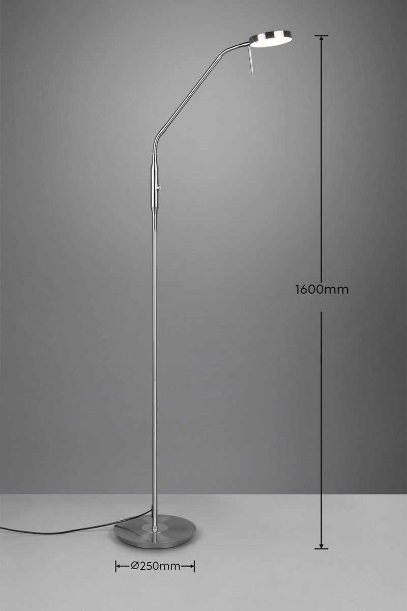 Lampa podłogowa LED Trio NEMIO DL107423310 12W o wysokości 1600mm i średnicy podstawy 250mm na szarym tle.