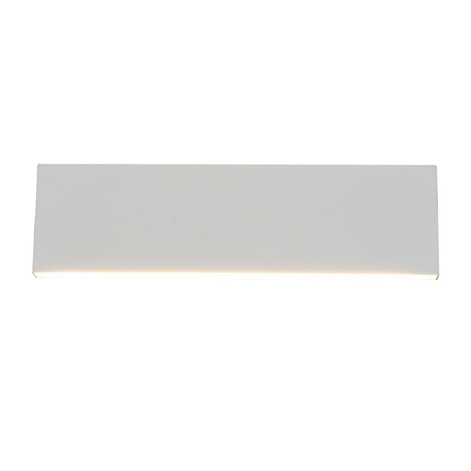 Prostokątny kinkiet LED w kolorze białym, emitujący światło od spodu. Lampa ma nowoczesny, minimalistyczny design.
