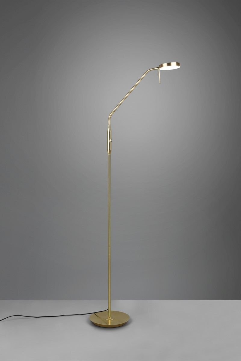 Złota lampa podłogowa LED o nowoczesnym designie, stojąca na okrągłej podstawie z cienkim, zakrzywionym ramieniem i okrągłym kloszem, na szarym tle.