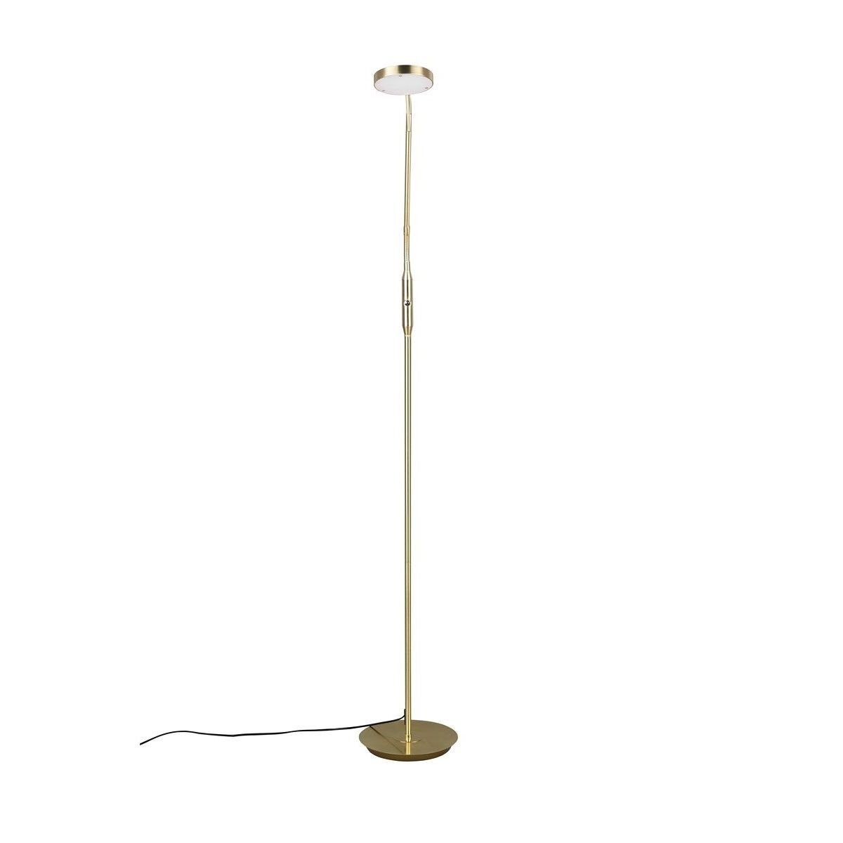 Lampa podłogowa LED o smukłej, złotej konstrukcji z okrągłą podstawą i kloszem. Kabel zasilający widoczny przy podstawie.