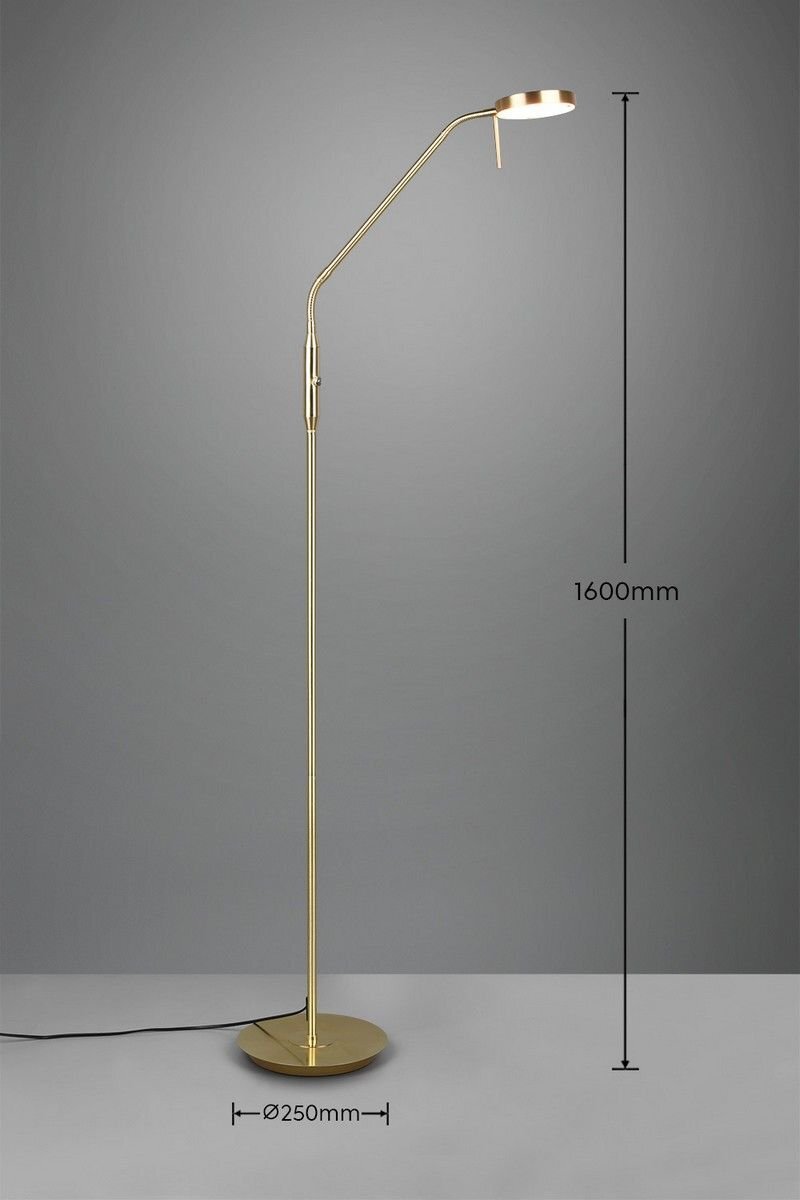 Złota lampa podłogowa LED z okrągłą podstawą i regulowanym ramieniem, obok której widoczne są wymiary: wysokość 1600mm i średnica podstawy 250mm.
