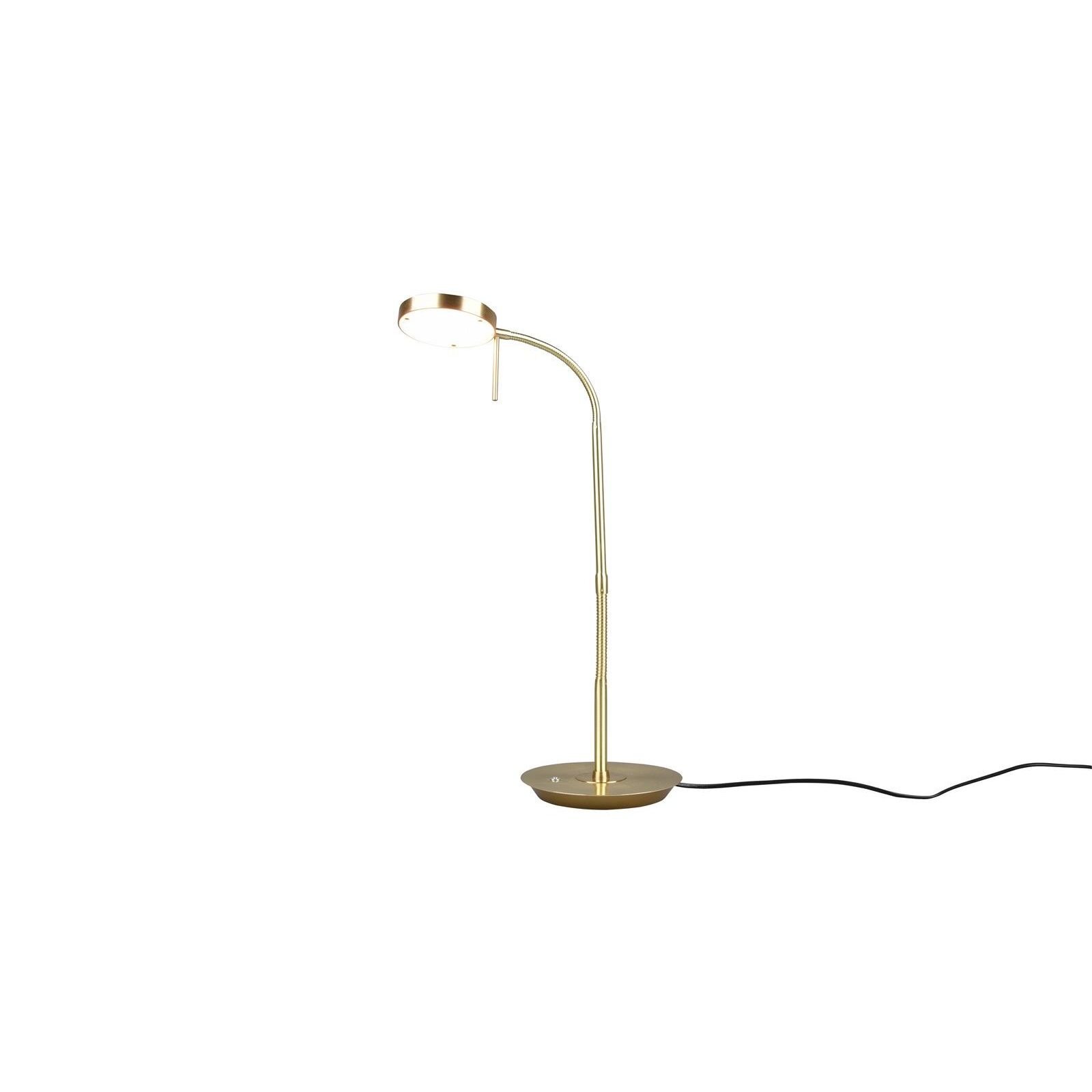 Złota lampa biurkowa LED z okrągłym kloszem i elastycznym ramieniem, podłączona do czarnego przewodu zasilającego.
