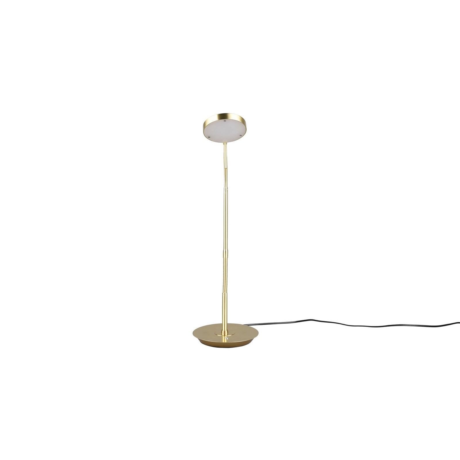 Złota lampa biurkowa LED z okrągłą podstawą i smukłym, pionowym trzonkiem. Kabel zasilający widoczny jest na podłożu.