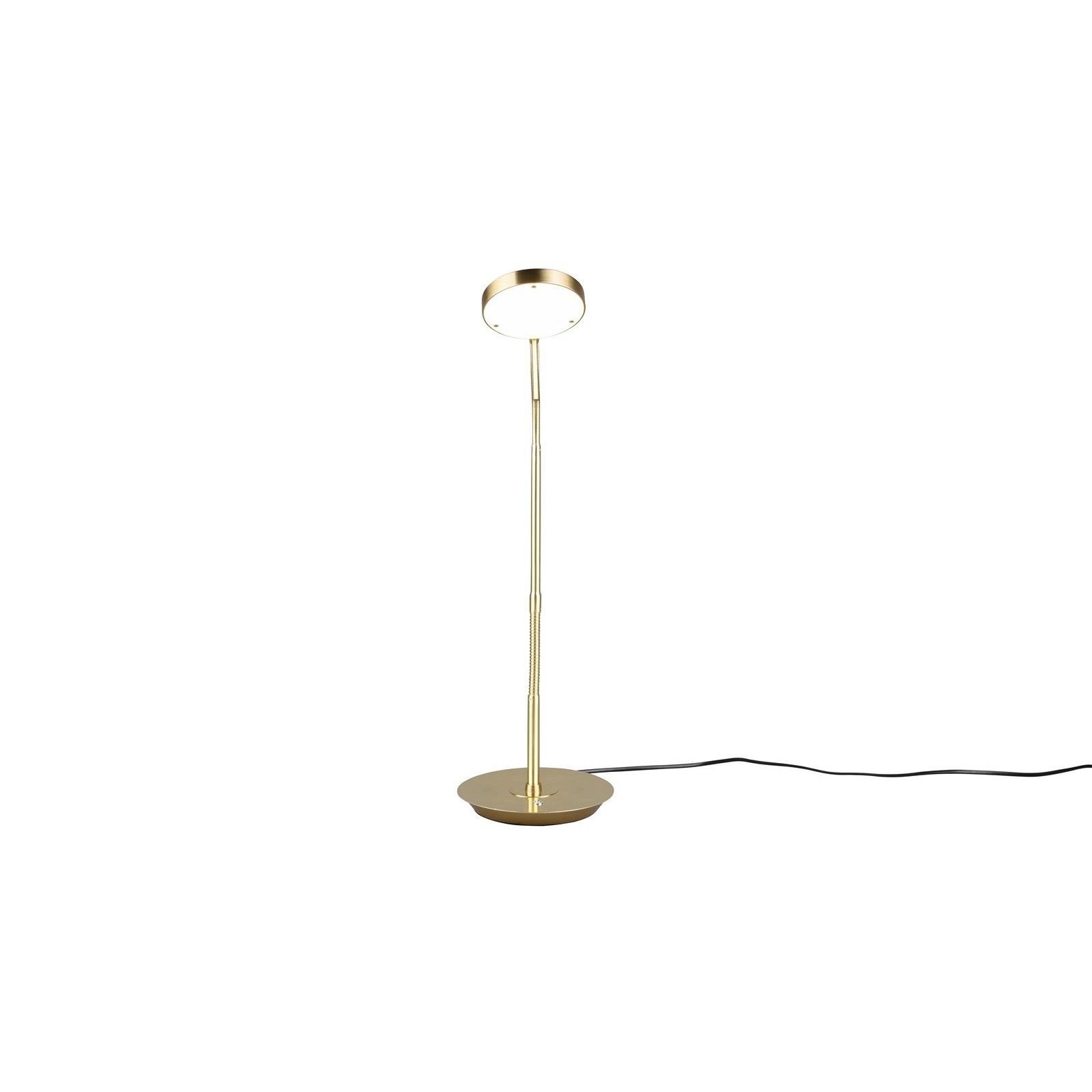 Złota lampa biurkowa LED z okrągłą podstawą i smukłym, pionowym trzonkiem zakończonym okrągłym kloszem. Lampa jest podłączona do czarnego przewodu zasilającego.