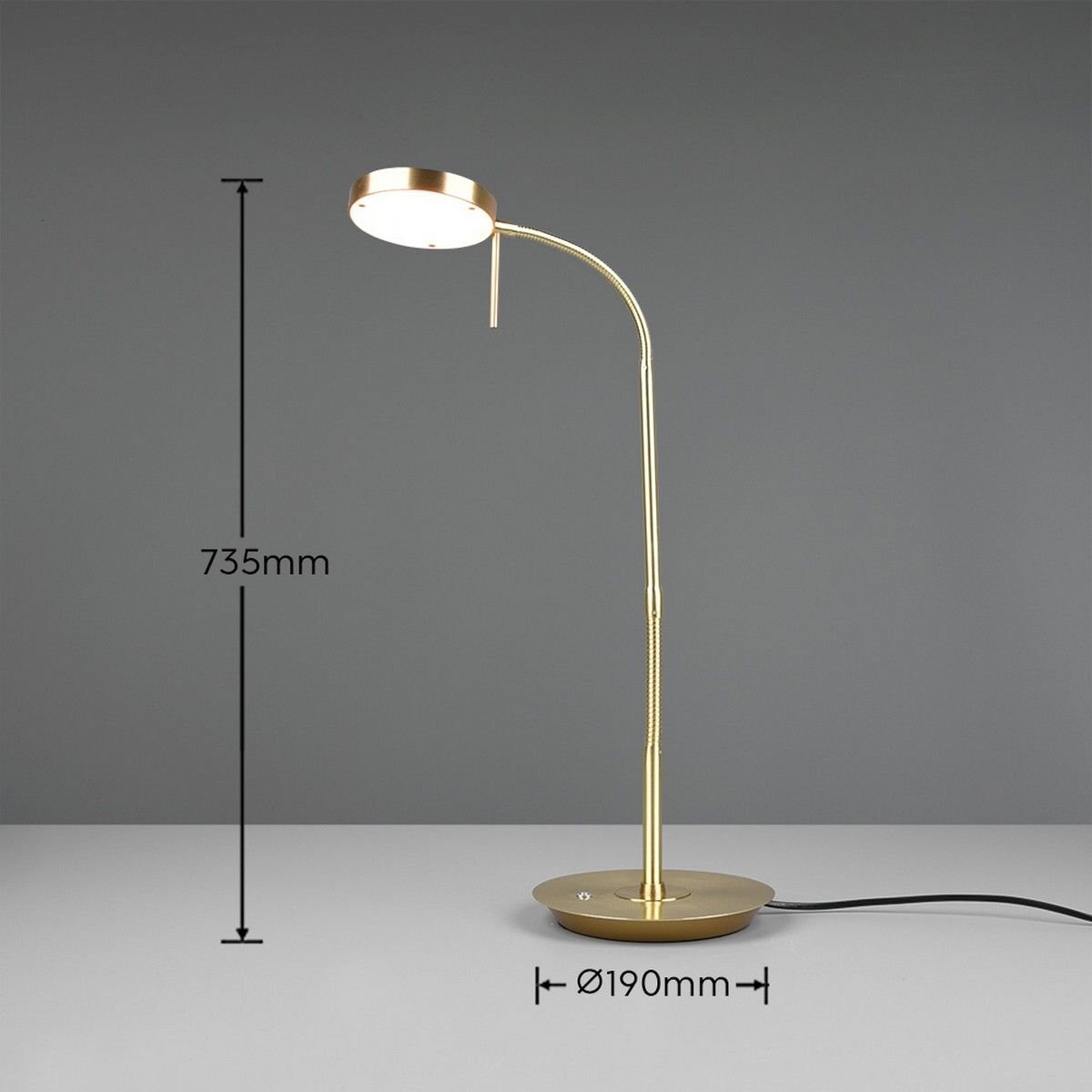 Złota lampa biurkowa LED z okrągłą podstawą i regulowanym ramieniem, na szarym tle. Widoczne wymiary: wysokość 735mm, średnica podstawy 190mm.