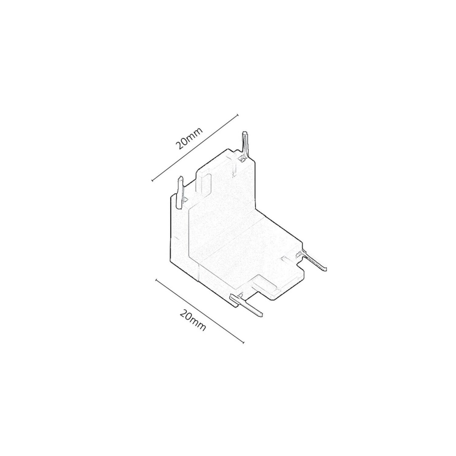 Ilustracja przedstawia łącznik kątowy do szynoprzewodu z oznaczeniem wymiarów 20 mm x 20 mm.